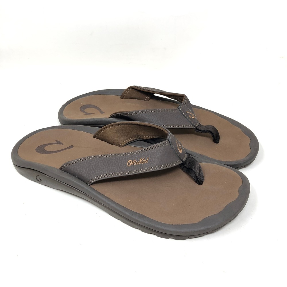 OluKai Mens 9 Ohana Flip Flops Dark Brown Thong Toe Post Sandals